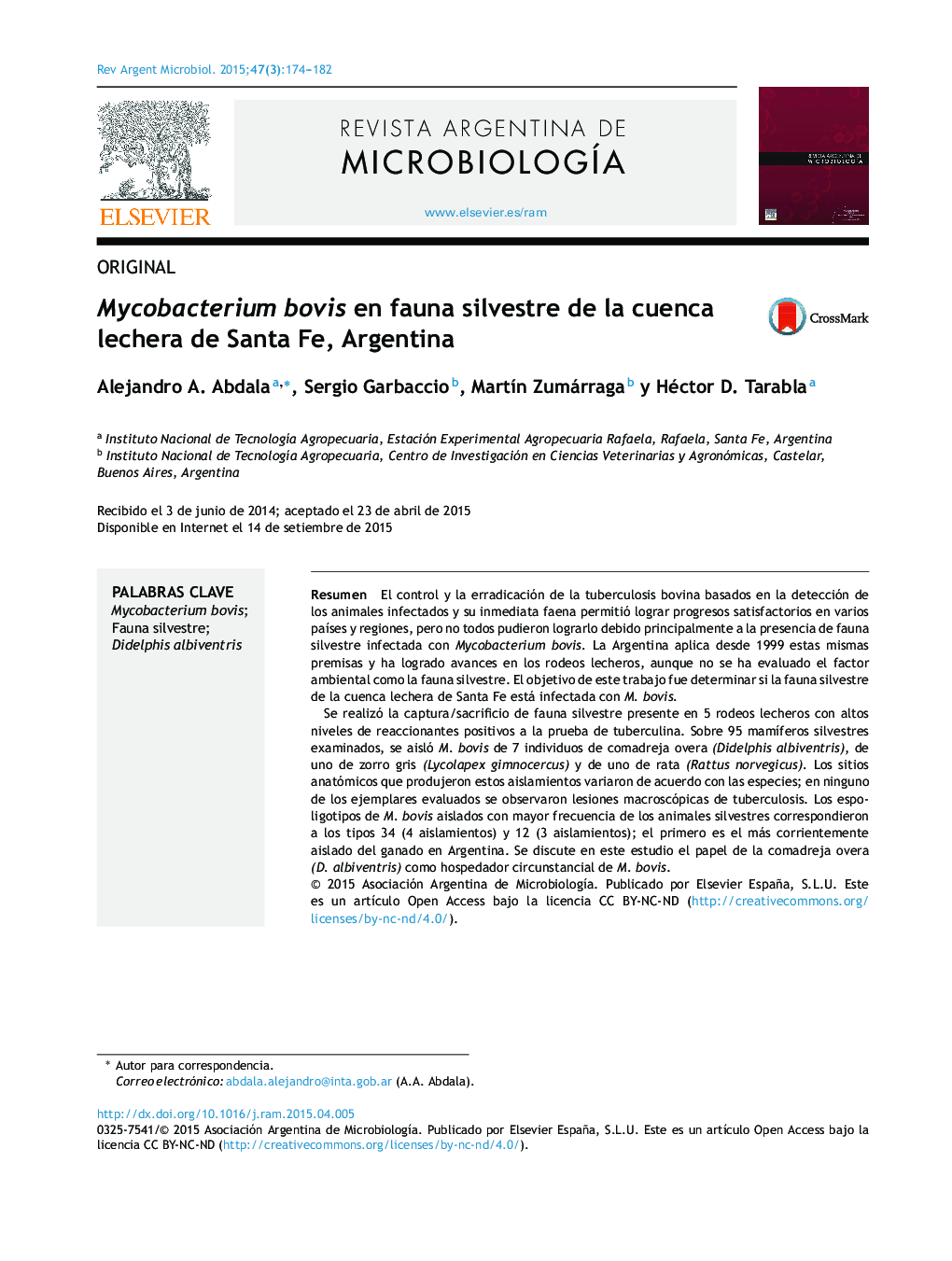 Mycobacterium bovis en fauna silvestre de la cuenca lechera de Santa Fe, Argentina