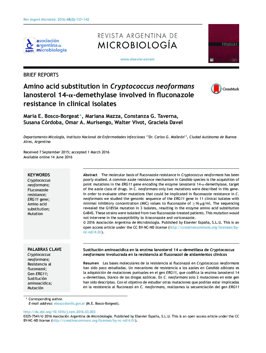 Amino acid substitution in Cryptococcus neoformans lanosterol 14-α-demethylase involved in fluconazole resistance in clinical isolates