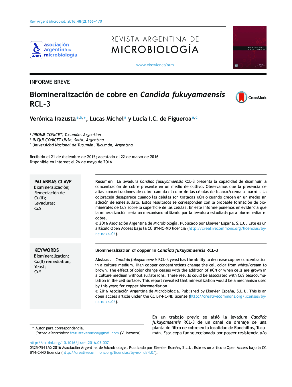 Biomineralización de cobre en Candida fukuyamaensis RCL-3