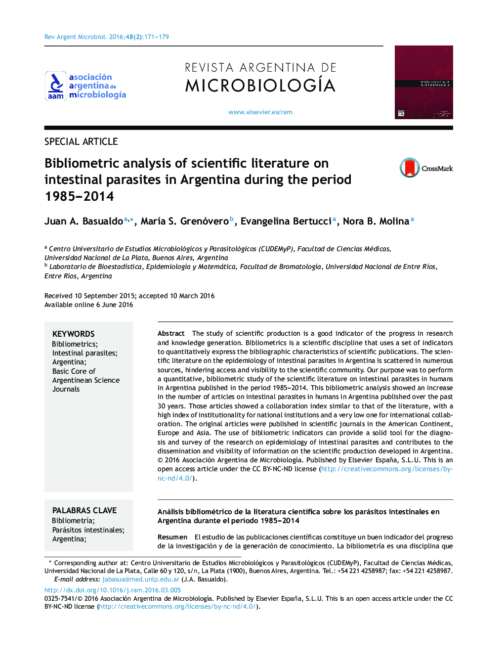 Bibliometric analysis of scientific literature on intestinal parasites in Argentina during the period 1985–2014