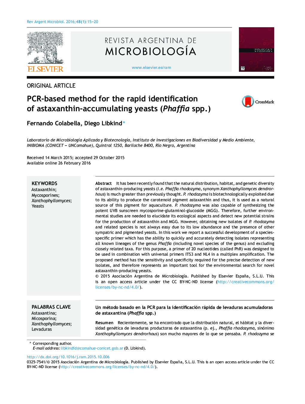 PCR-based method for the rapid identification of astaxanthin-accumulating yeasts (Phaffia spp.)