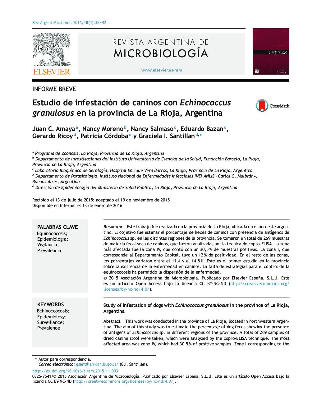 Estudio de infestación de caninos con Echinococcus granulosus en la provincia de La Rioja, Argentina