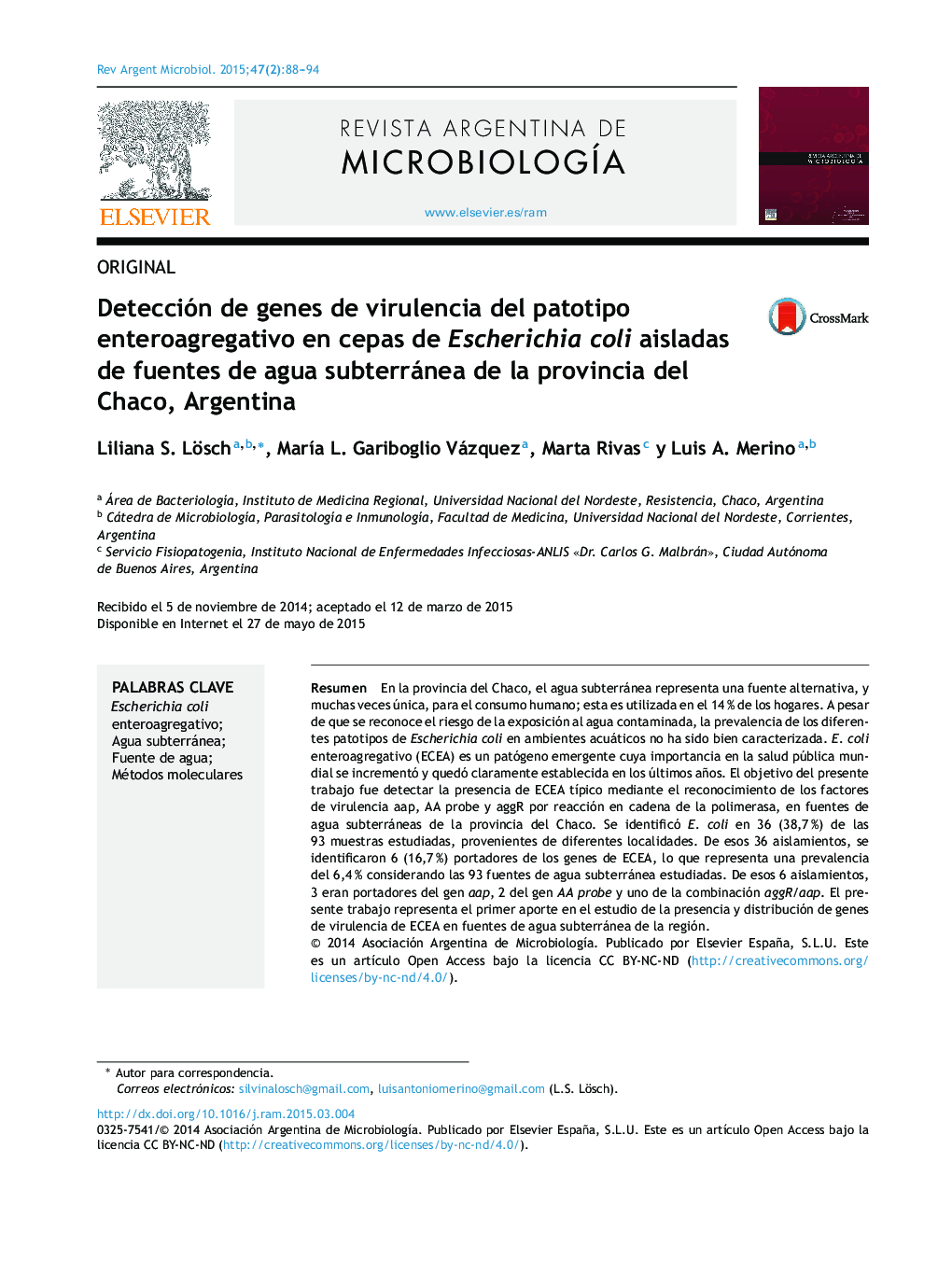 Detección de genes de virulencia del patotipo enteroagregativo en cepas de Escherichia coli aisladas de fuentes de agua subterránea de la provincia del Chaco, Argentina