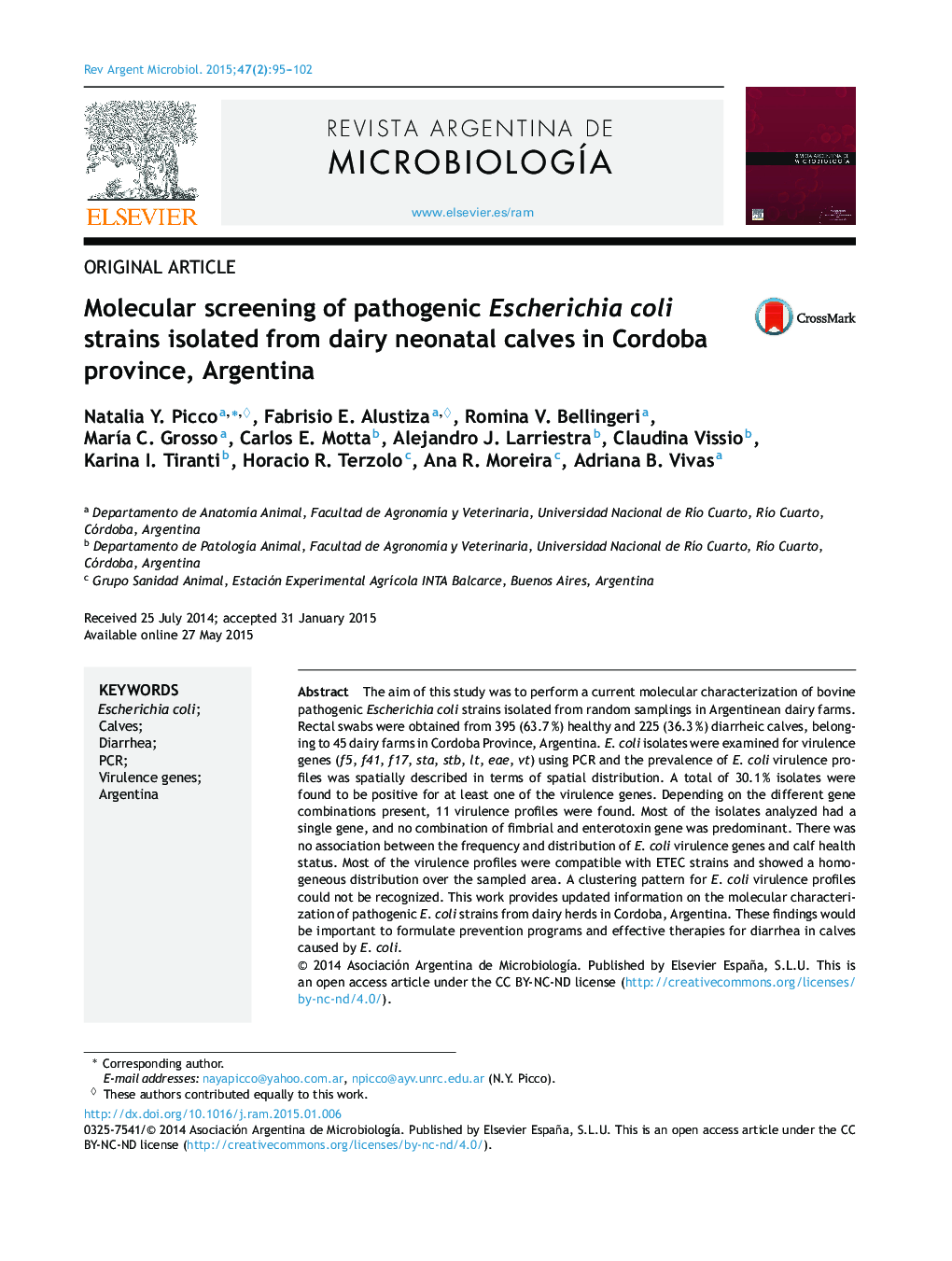 Molecular screening of pathogenic Escherichia coli strains isolated from dairy neonatal calves in Cordoba province, Argentina