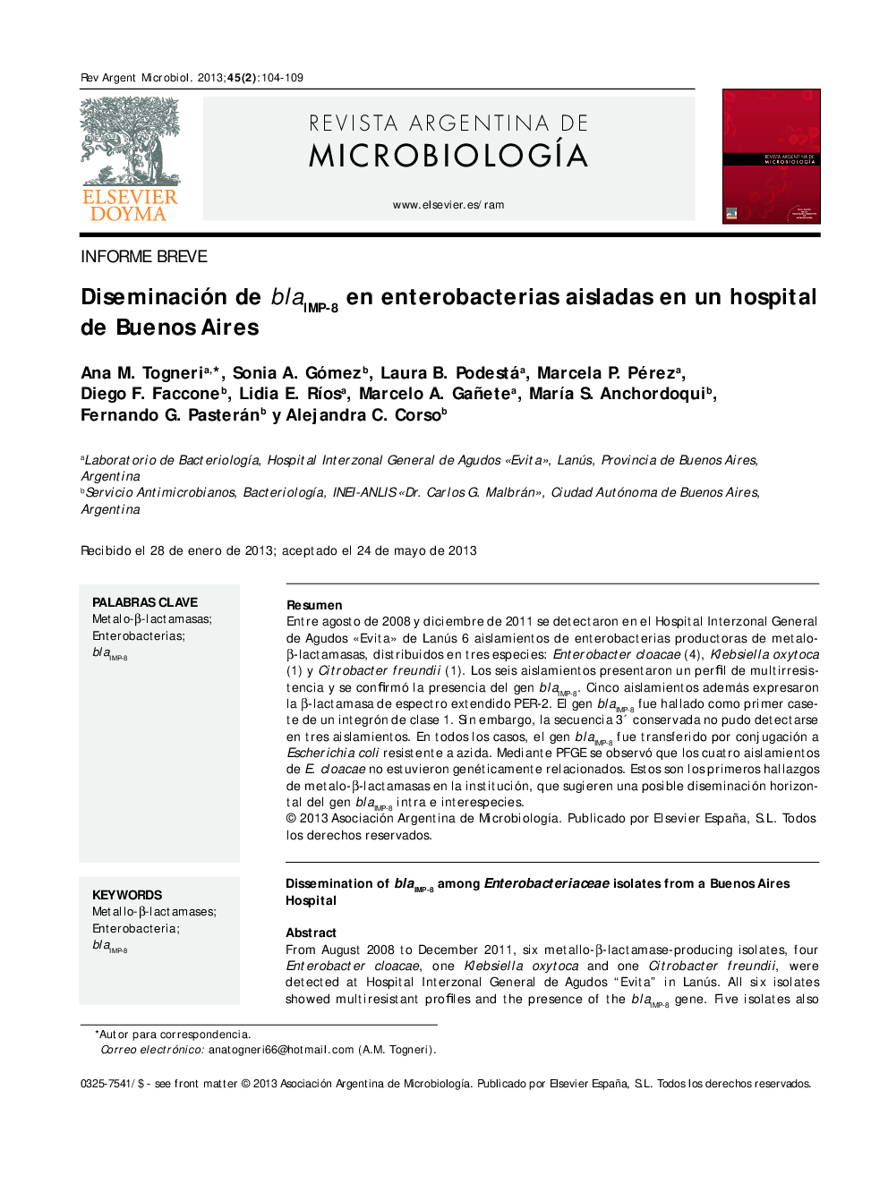 Diseminación de blaIMP-8 en enterobacterias aisladas en un hospital de Buenos Aires