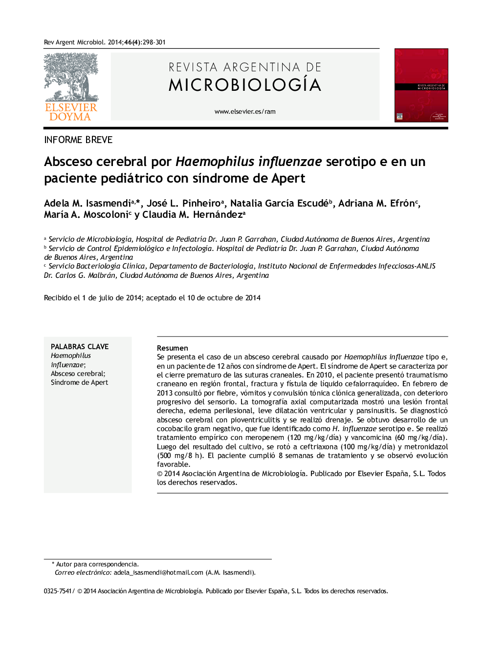 Absceso cerebral por Haemophilus influenzae serotipo e en un paciente pediátrico con síndrome de Apert