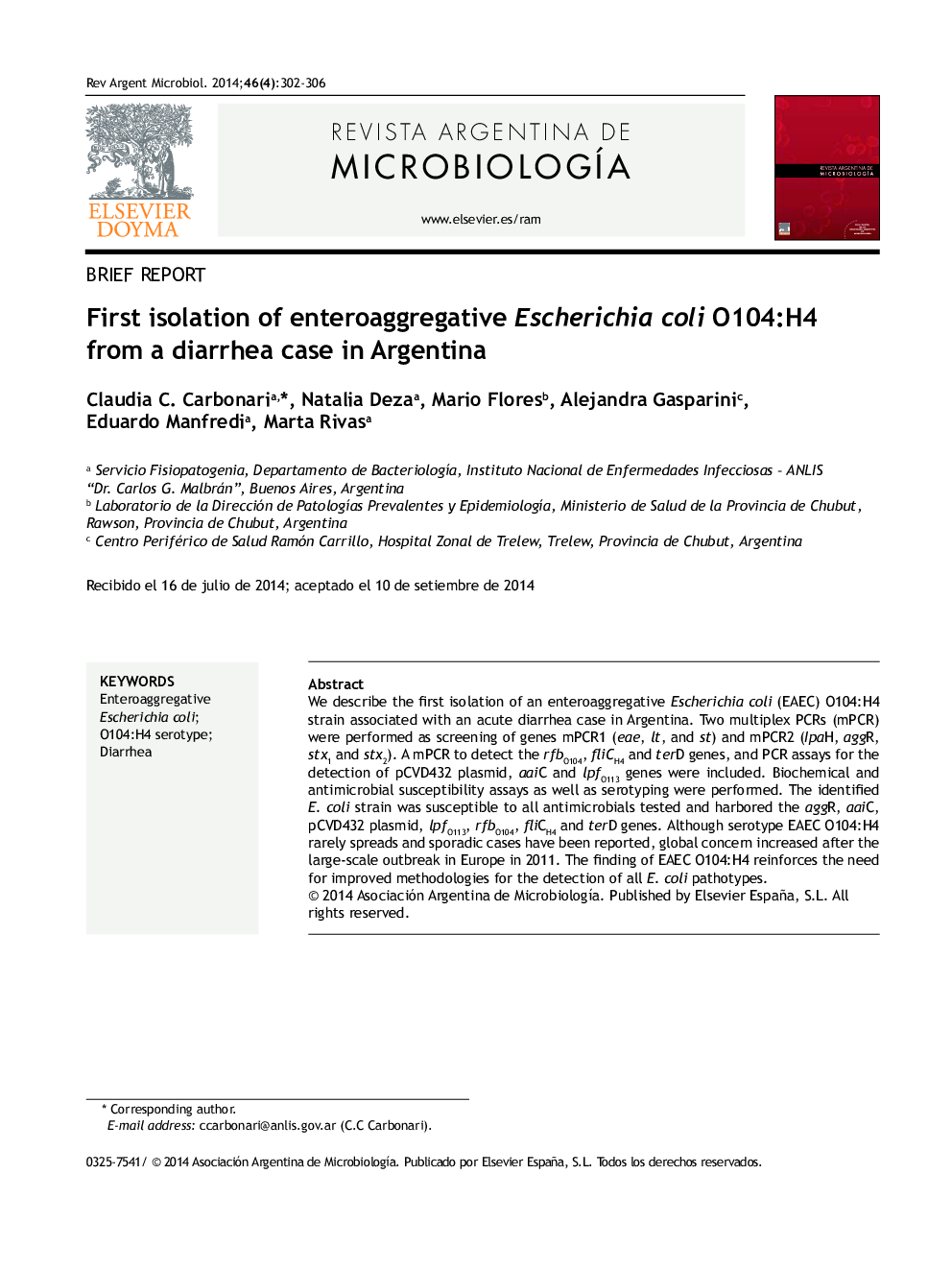 First isolation of enteroaggregative Escherichia coli O104:H4 from a diarrhea case in Argentina