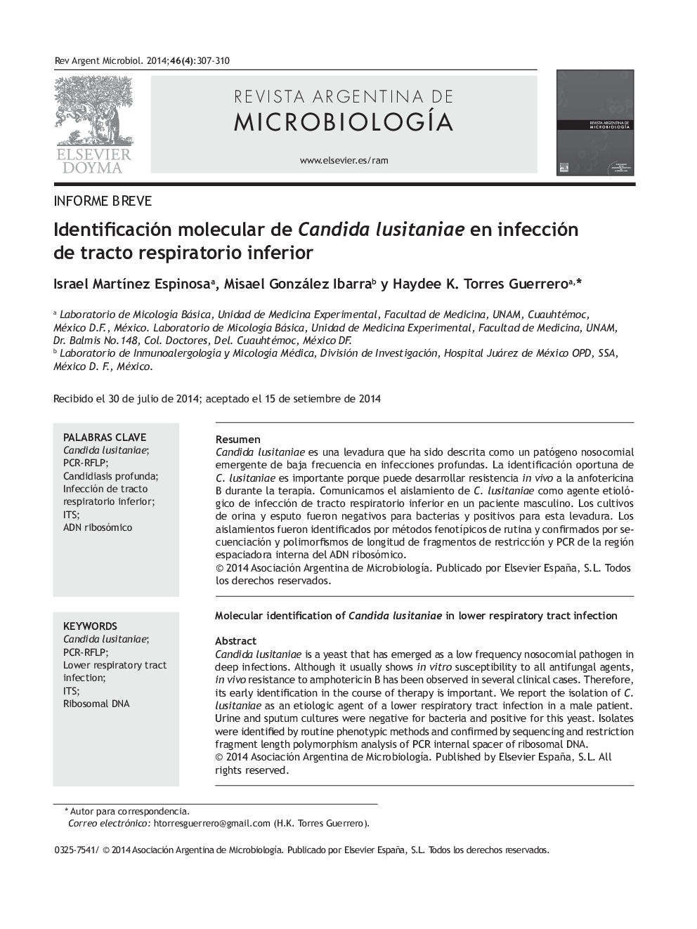Identificación molecular de Candida lusitaniae en infección de tracto respiratorio inferior