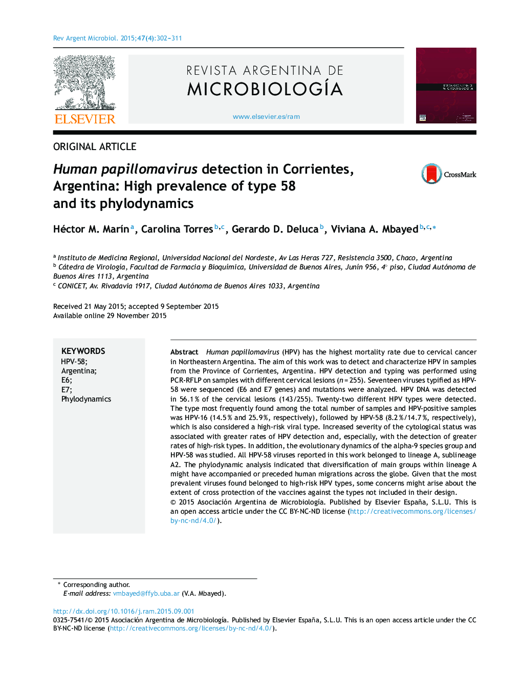 Human papillomavirus detection in Corrientes, Argentina: High prevalence of type 58 and its phylodynamics