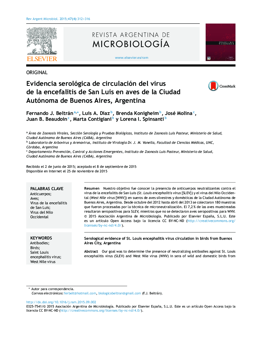 Evidencia serológica de circulación del virus de la encefalitis de San Luis en aves de la Ciudad Autónoma de Buenos Aires, Argentina