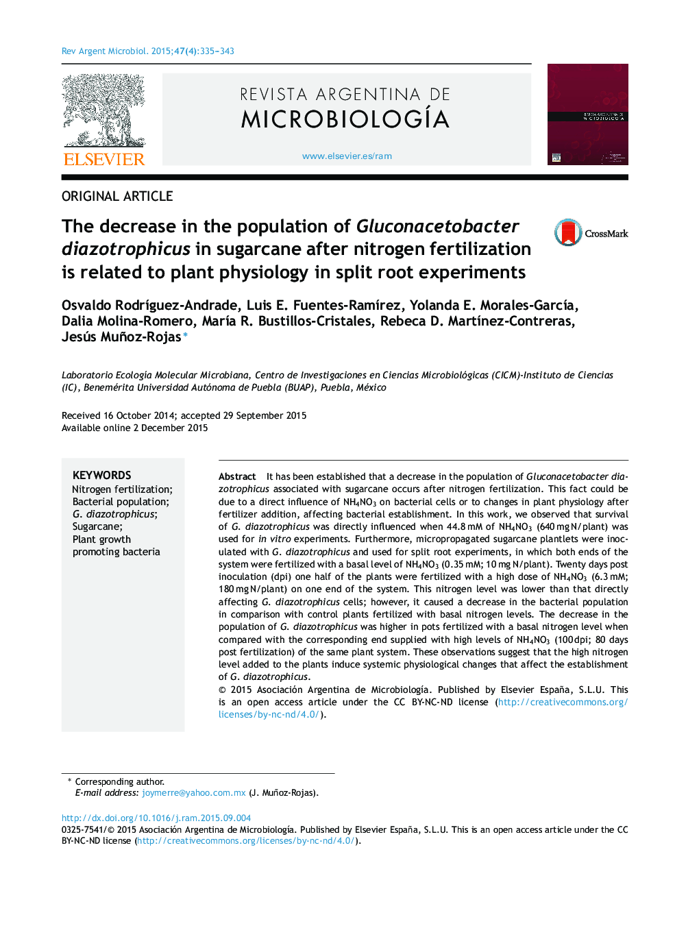 The decrease in the population of Gluconacetobacter diazotrophicus in sugarcane after nitrogen fertilization is related to plant physiology in split root experiments