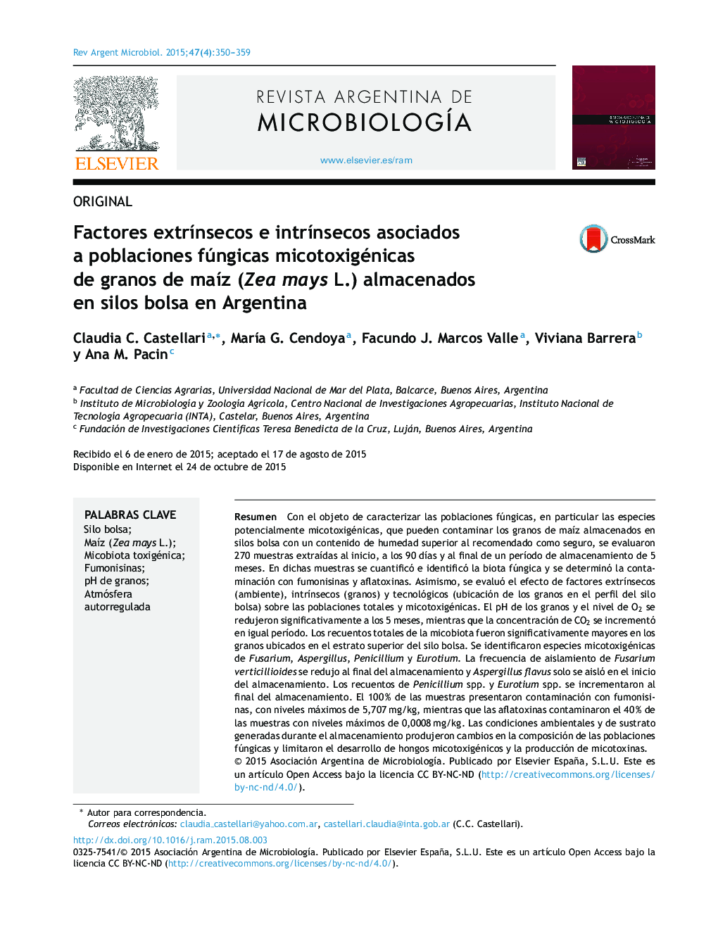 Factores extrínsecos e intrínsecos asociados a poblaciones fúngicas micotoxigénicas de granos de maíz (Zea mays L.) almacenados en silos bolsa en Argentina
