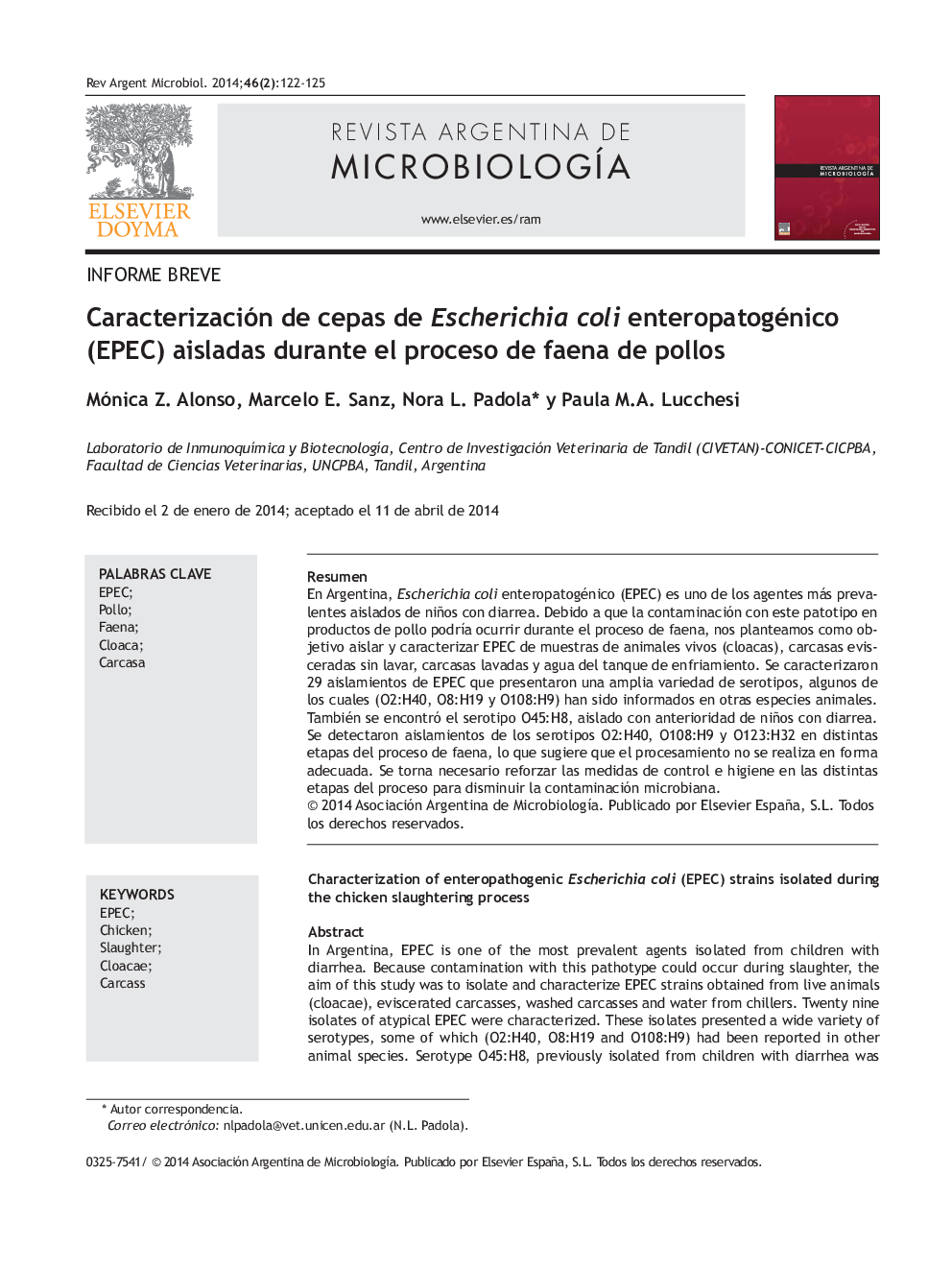 Caracterización de cepas de Escherichia coli enteropatogénico (EPEC) aisladas durante el proceso de faena de pollos