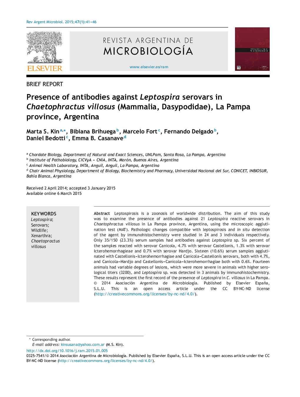 Presence of antibodies against Leptospira serovars in Chaetophractus villosus (Mammalia, Dasypodidae), La Pampa province, Argentina