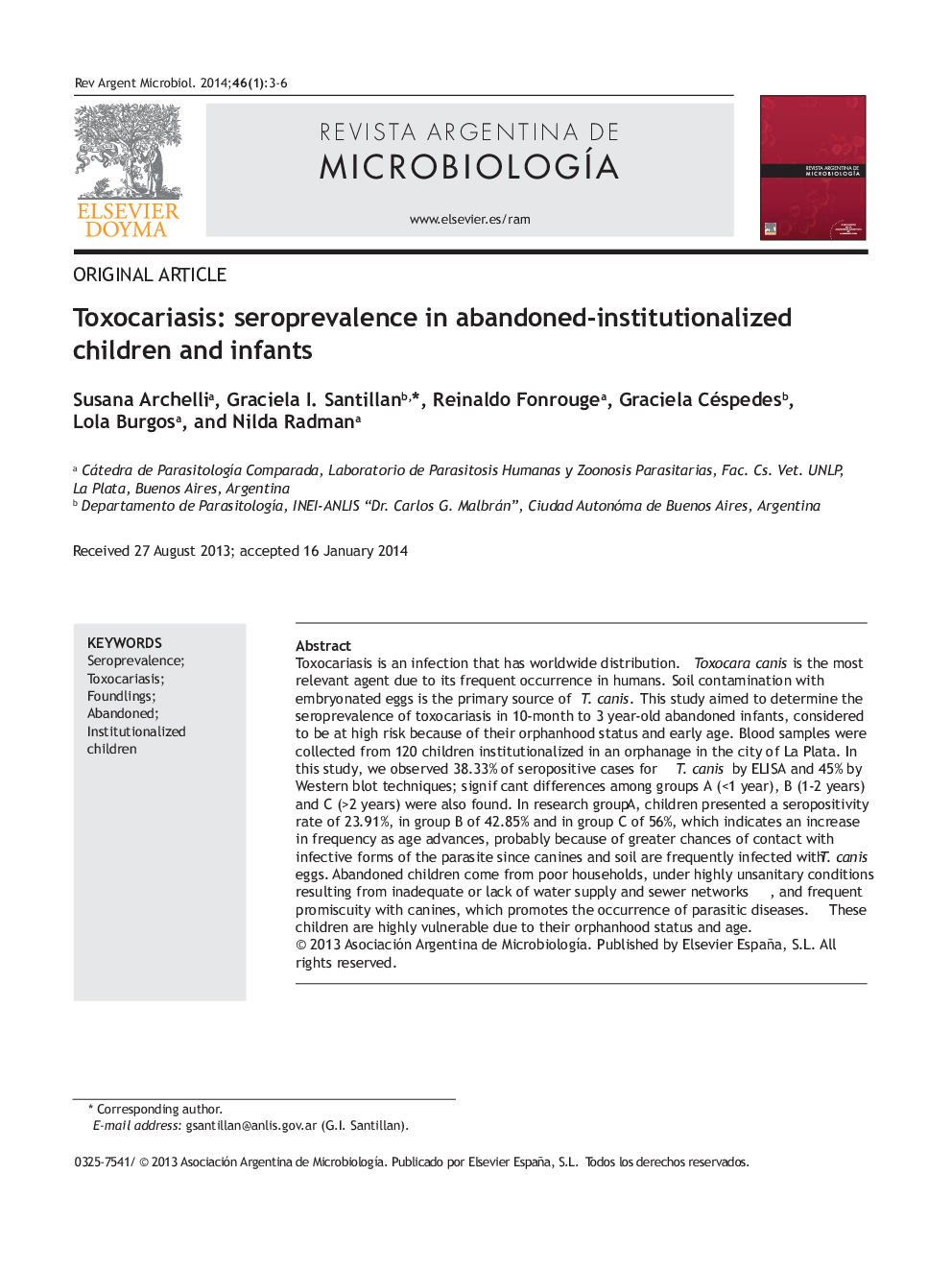 Toxocariasis: seroprevalence in abandoned-institutionalized children and infants