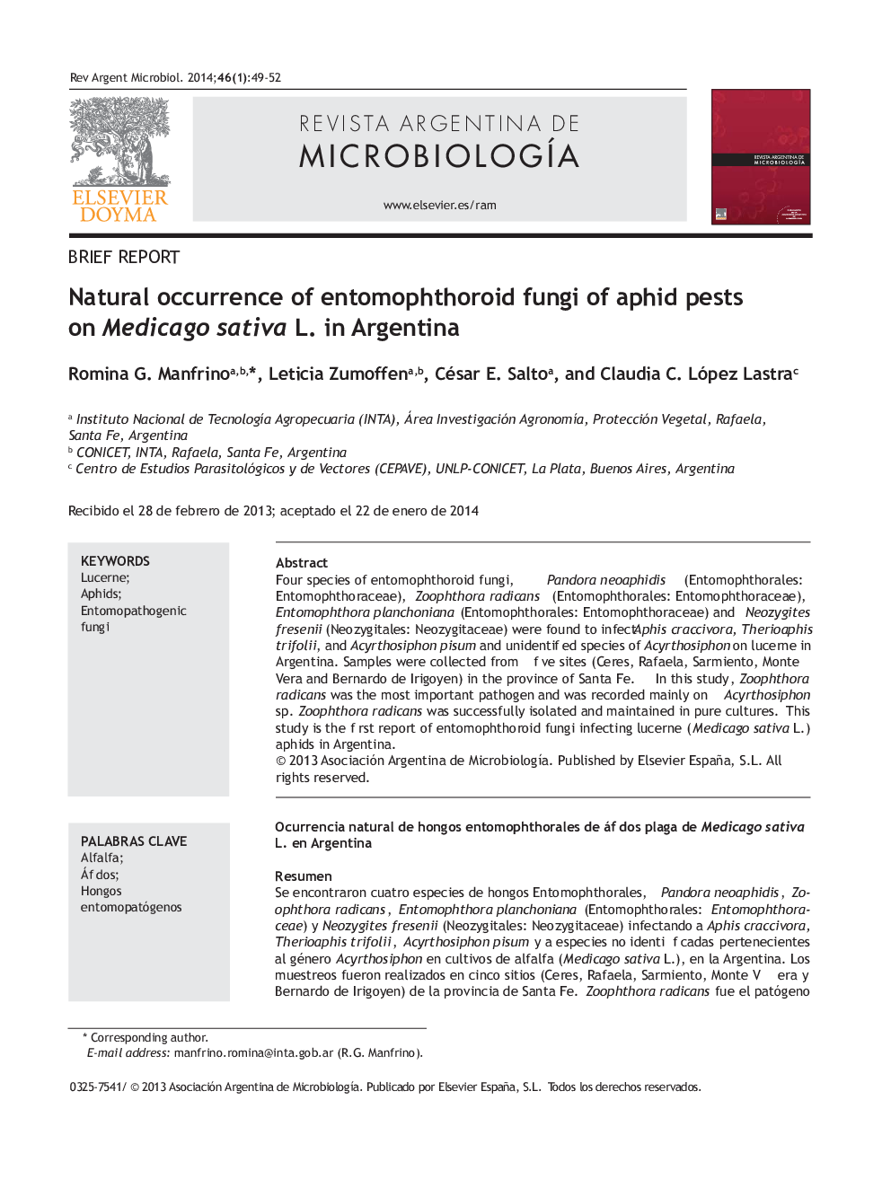 Natural occurrence of entomophthoroid fungi of aphid pests on Medicago sativa L. in Argentina