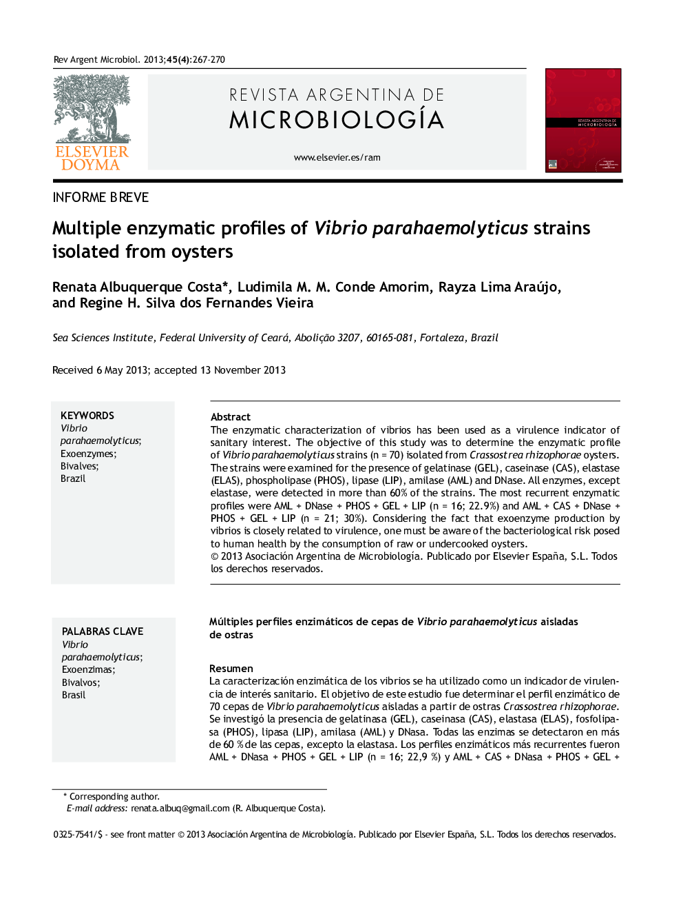 Multiple enzymatic profiles of Vibrio parahaemolyticus strains isolated from oysters