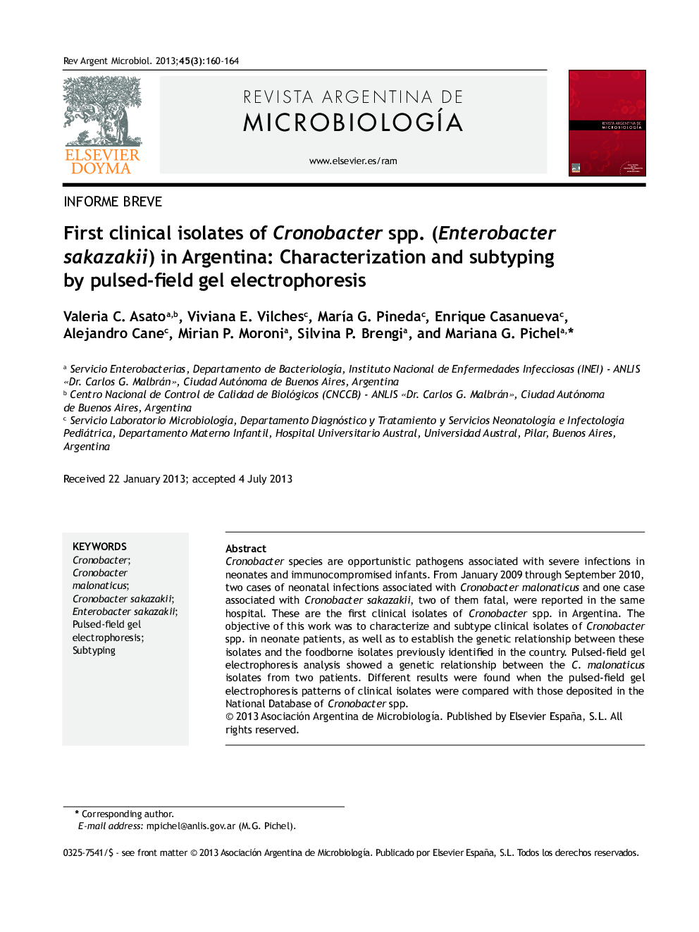 First clinical isolates of Cronobacter spp. (Enterobacter sakazakii) in Argentina: Characterization and subtyping by pulsed-field gel electrophoresis