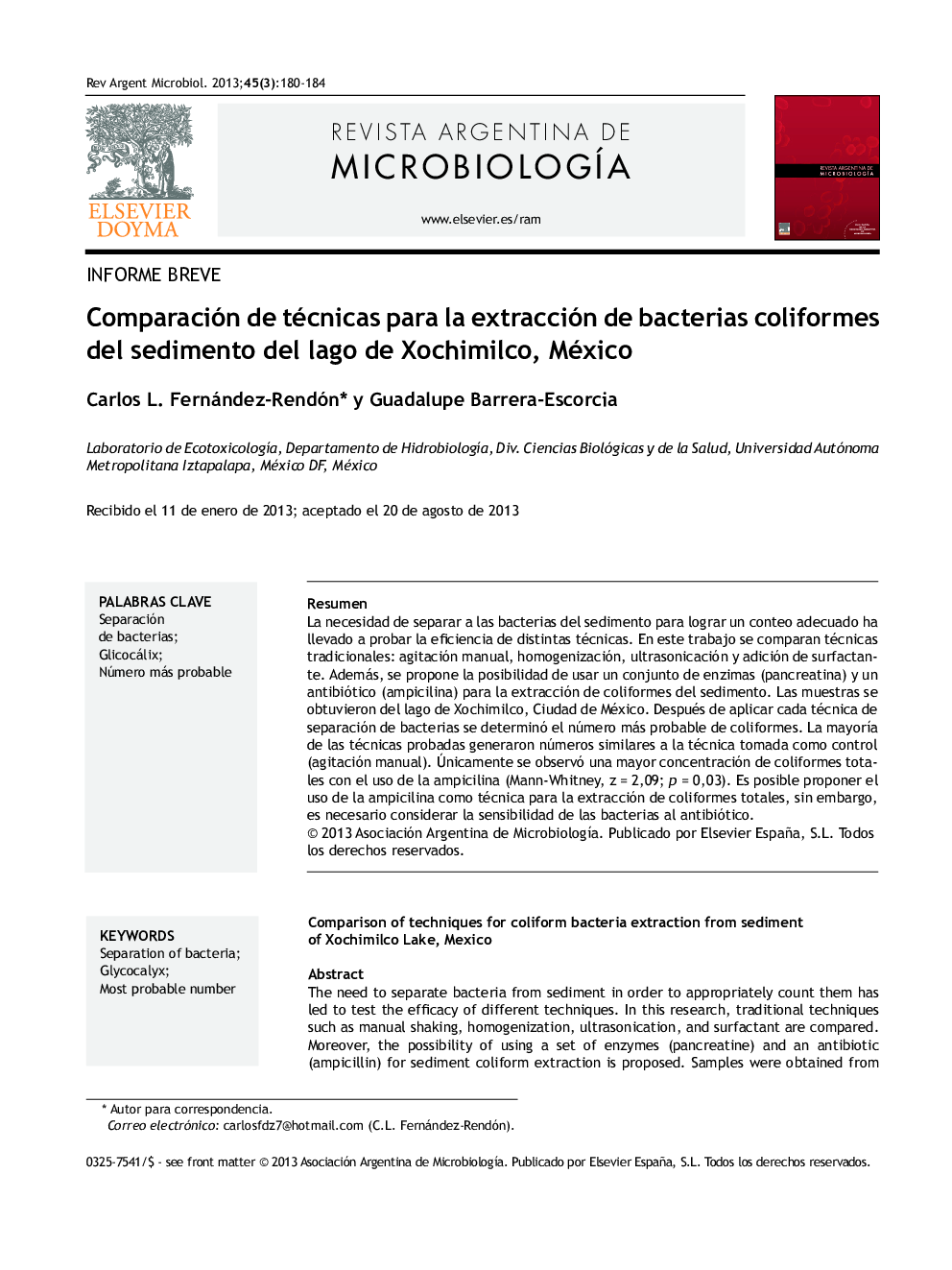 Comparación de técnicas para la extracción de bacterias coliformes del sedimento del lago de Xochimilco, México