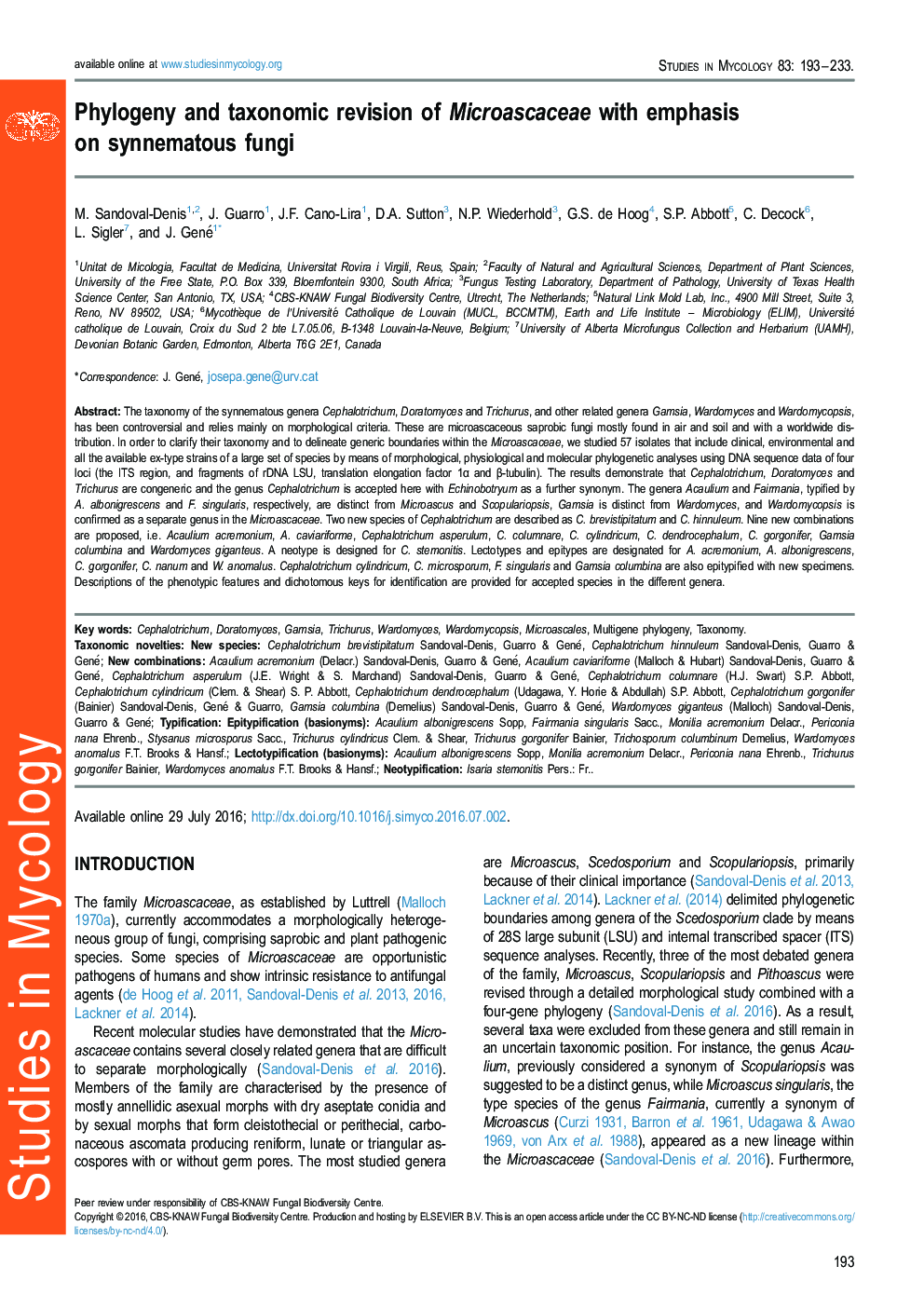 Phylogeny and taxonomic revision of Microascaceae with emphasis on synnematous fungi 