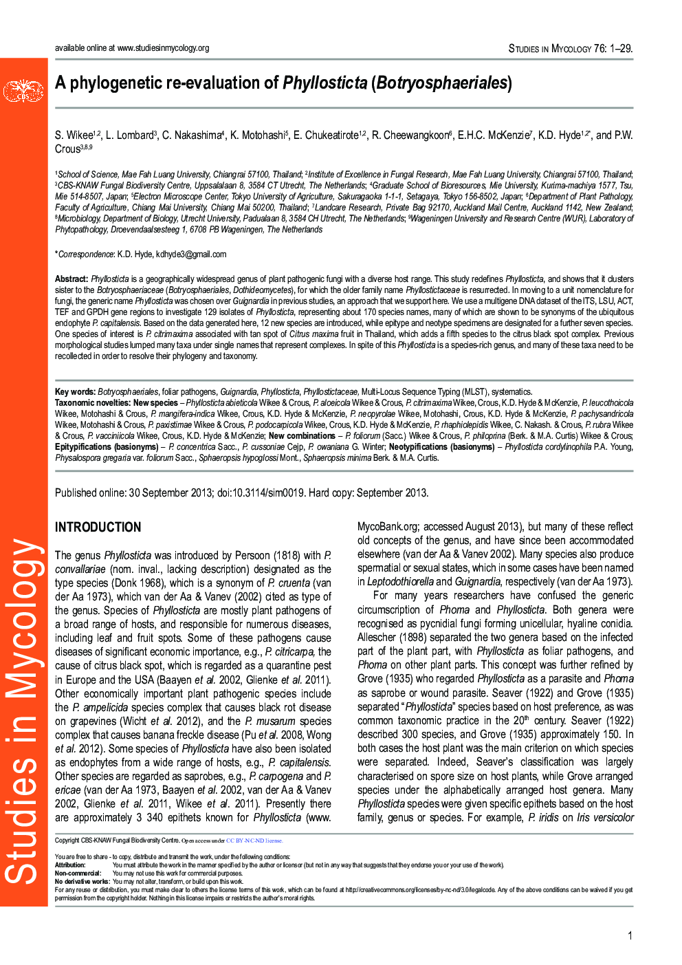 A phylogenetic re-evaluation of Phyllosticta (Botryosphaeriales) 