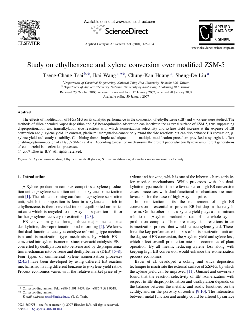 Study on ethylbenzene and xylene conversion over modified ZSM-5