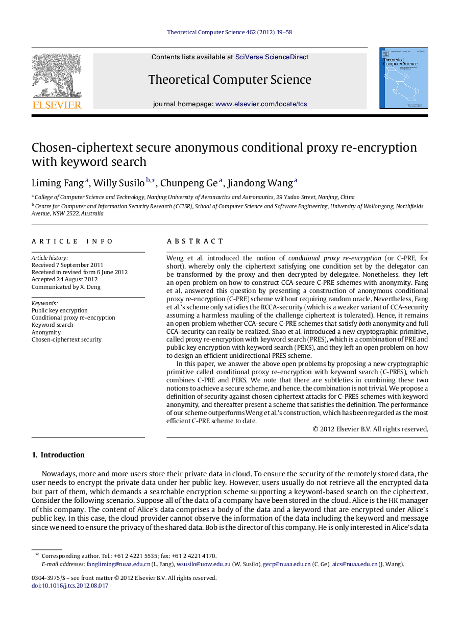 Chosen-ciphertext secure anonymous conditional proxy re-encryption with keyword search
