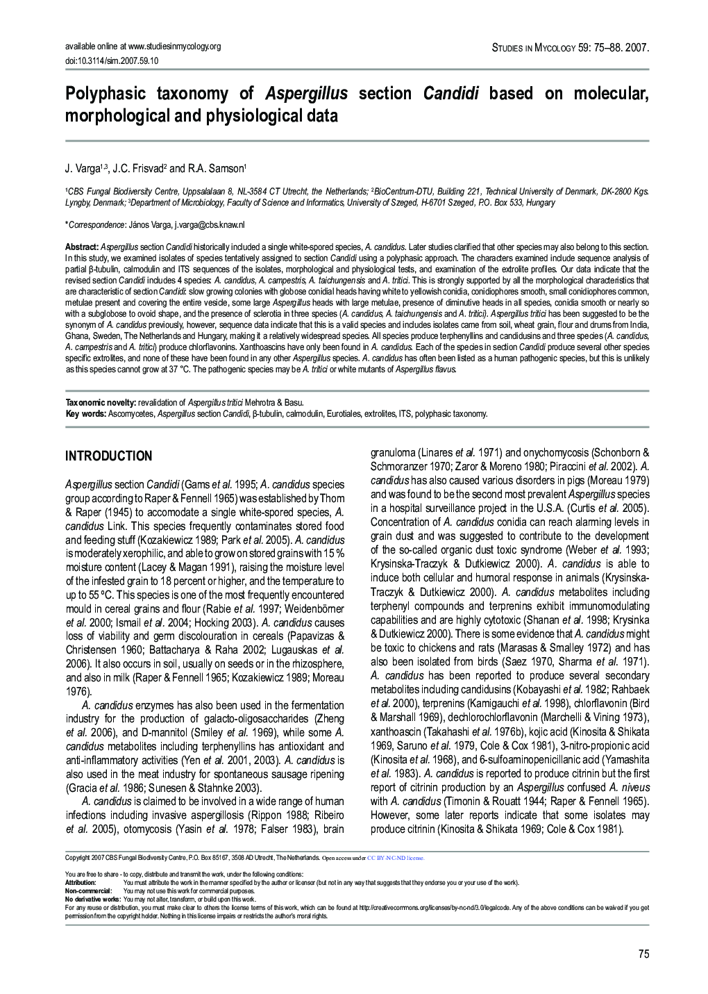 Polyphasic taxonomy of Aspergillus section Candidi based on molecular, morphological and physiological data 