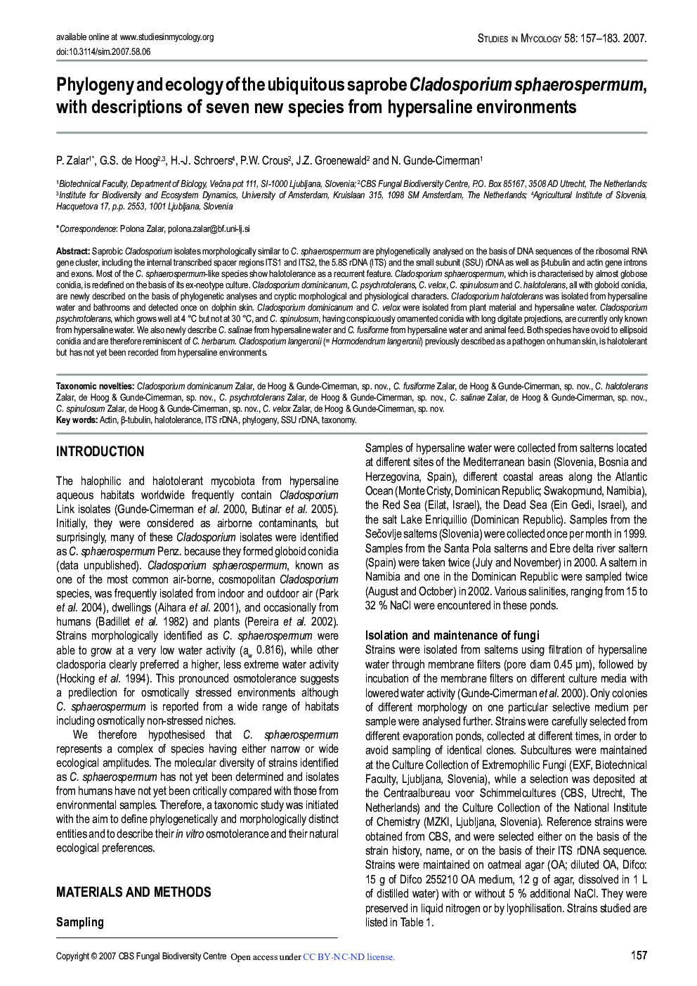 Phylogeny and ecology of the ubiquitous saprobe Cladosporium sphaerospermum, with descriptions of seven new species from hypersaline environments 