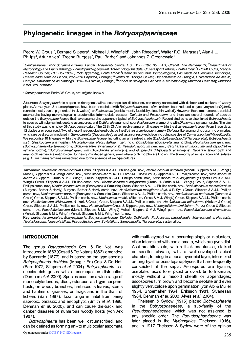 Phylogenetic lineages in the Botryosphaeriaceae 