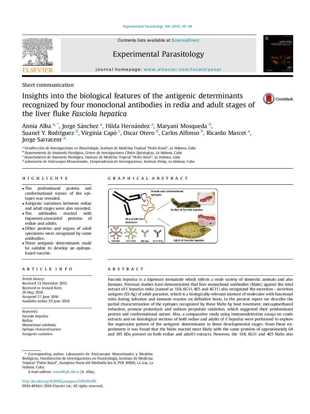 Insights into the biological features of the antigenic determinants recognized by four monoclonal antibodies in redia and adult stages of the liver fluke Fasciola hepatica