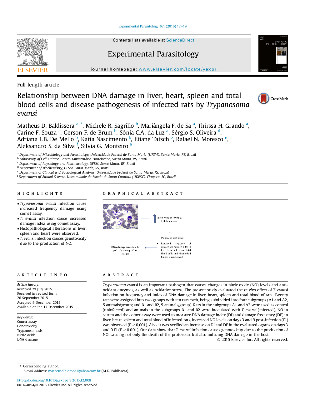 Relationship between DNA damage in liver, heart, spleen and total blood cells and disease pathogenesis of infected rats by Trypanosoma evansi