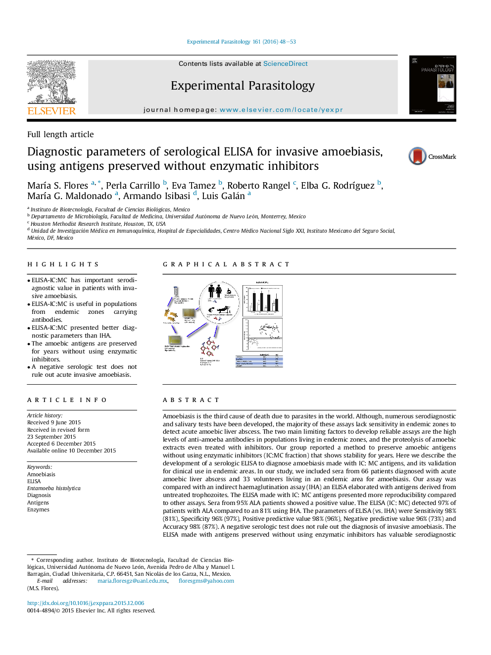 Diagnostic parameters of serological ELISA for invasive amoebiasis, using antigens preserved without enzymatic inhibitors