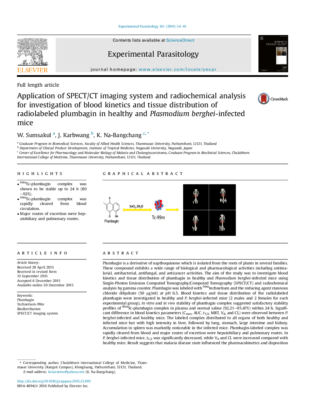 Application of SPECT/CT imaging system and radiochemical analysis for investigation of blood kinetics and tissue distribution of radiolabeled plumbagin in healthy and Plasmodium berghei-infected mice