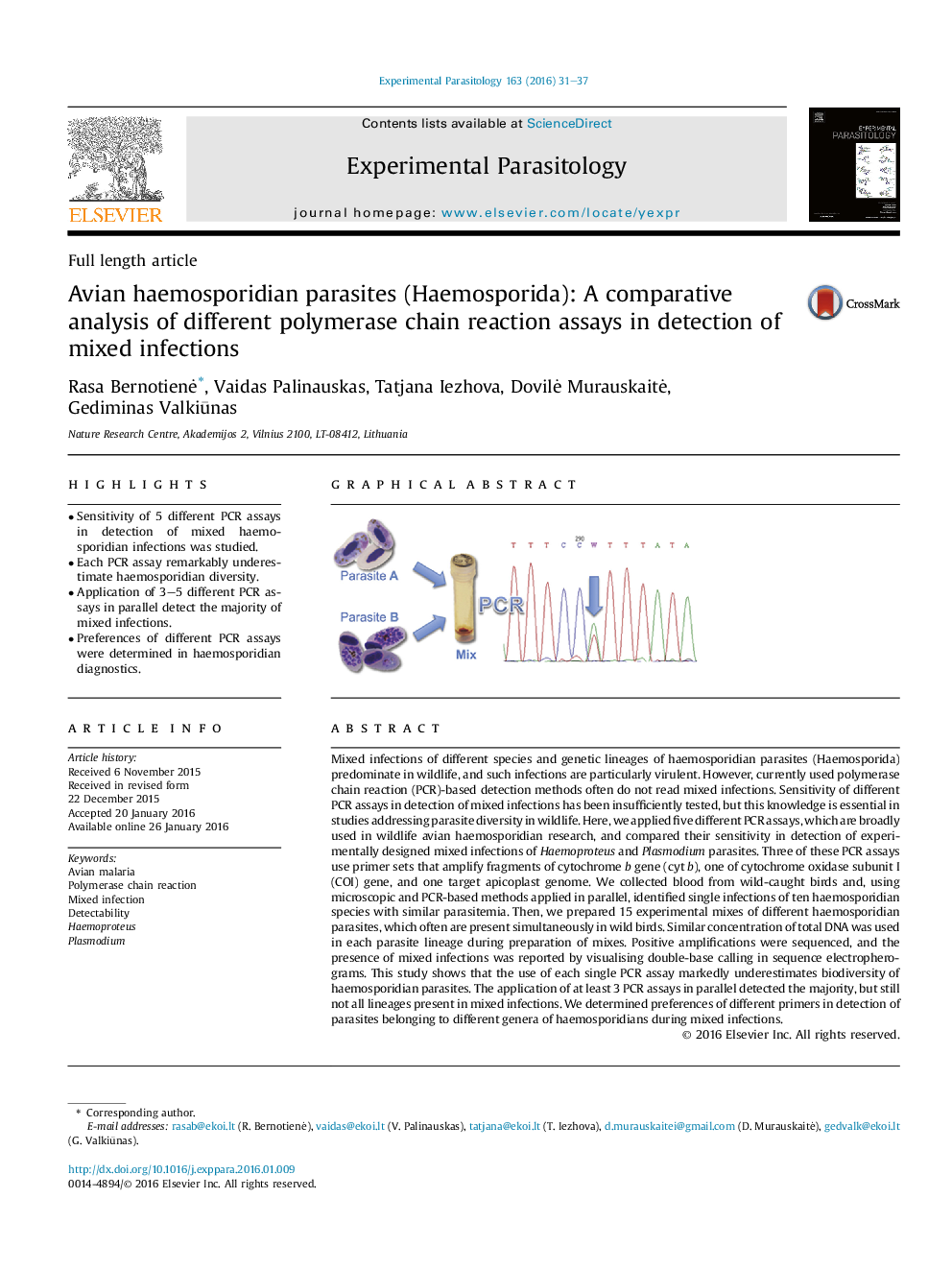 Avian haemosporidian parasites (Haemosporida): A comparative analysis of different polymerase chain reaction assays in detection of mixed infections