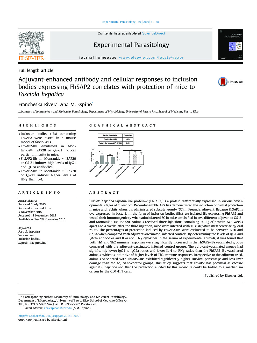 Adjuvant-enhanced antibody and cellular responses to inclusion bodies expressing FhSAP2 correlates with protection of mice to Fasciola hepatica