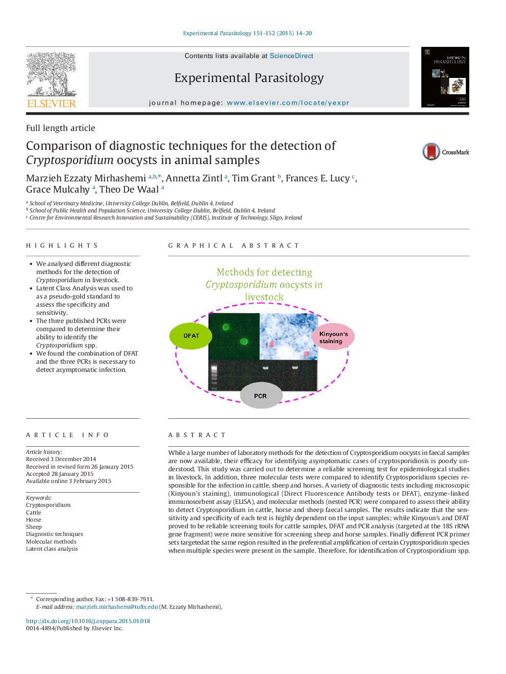 Comparison of diagnostic techniques for the detection of Cryptosporidium oocysts in animal samples