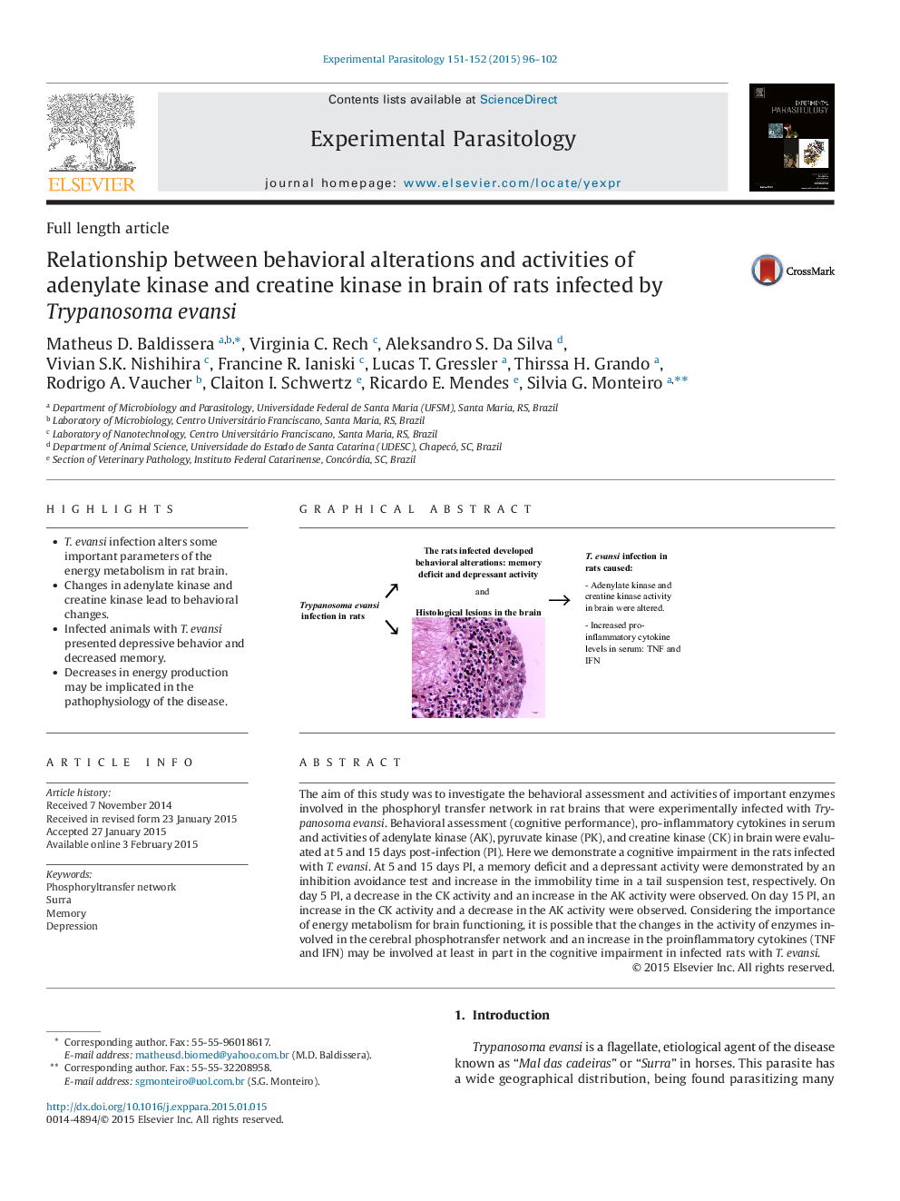 عکس صفحه اول مقاله: Relationship between behavioral alterations and activities of adenylate kinase and creatine kinase in brain of rats infected by Trypanosoma evansi Relationship between behavioral alterations and activities of adenylate kinase and creatine kinase in brain of rats infected by Trypanosoma evansi