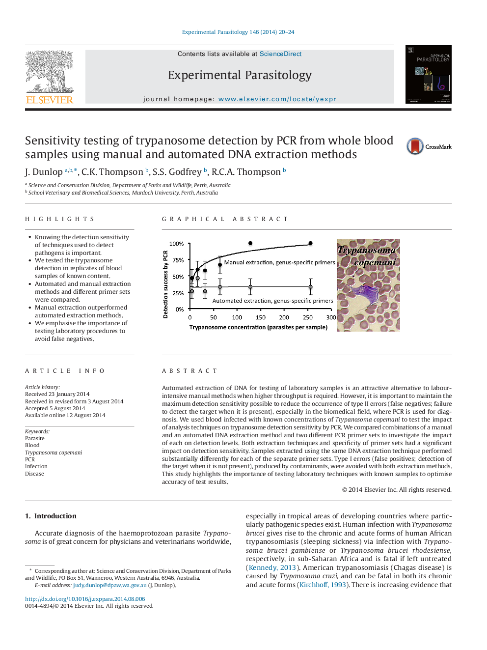 Sensitivity testing of trypanosome detection by PCR from whole blood samples using manual and automated DNA extraction methods