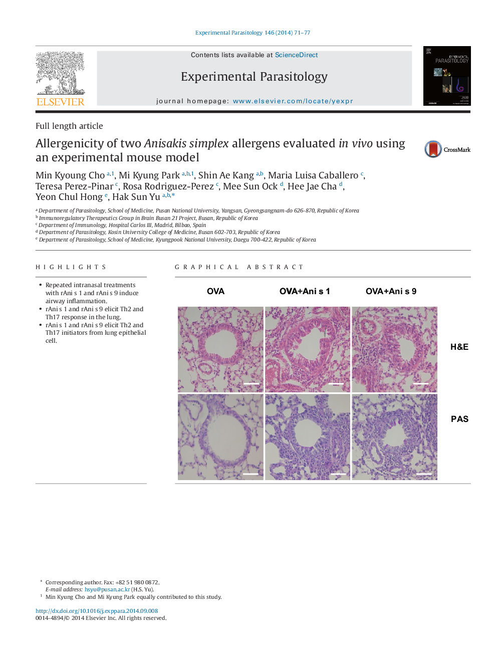 Allergenicity of two Anisakis simplex allergens evaluated in vivo using an experimental mouse model