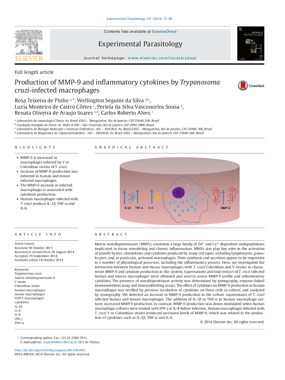 Production of MMP-9 and inflammatory cytokines by Trypanosoma cruzi-infected macrophages