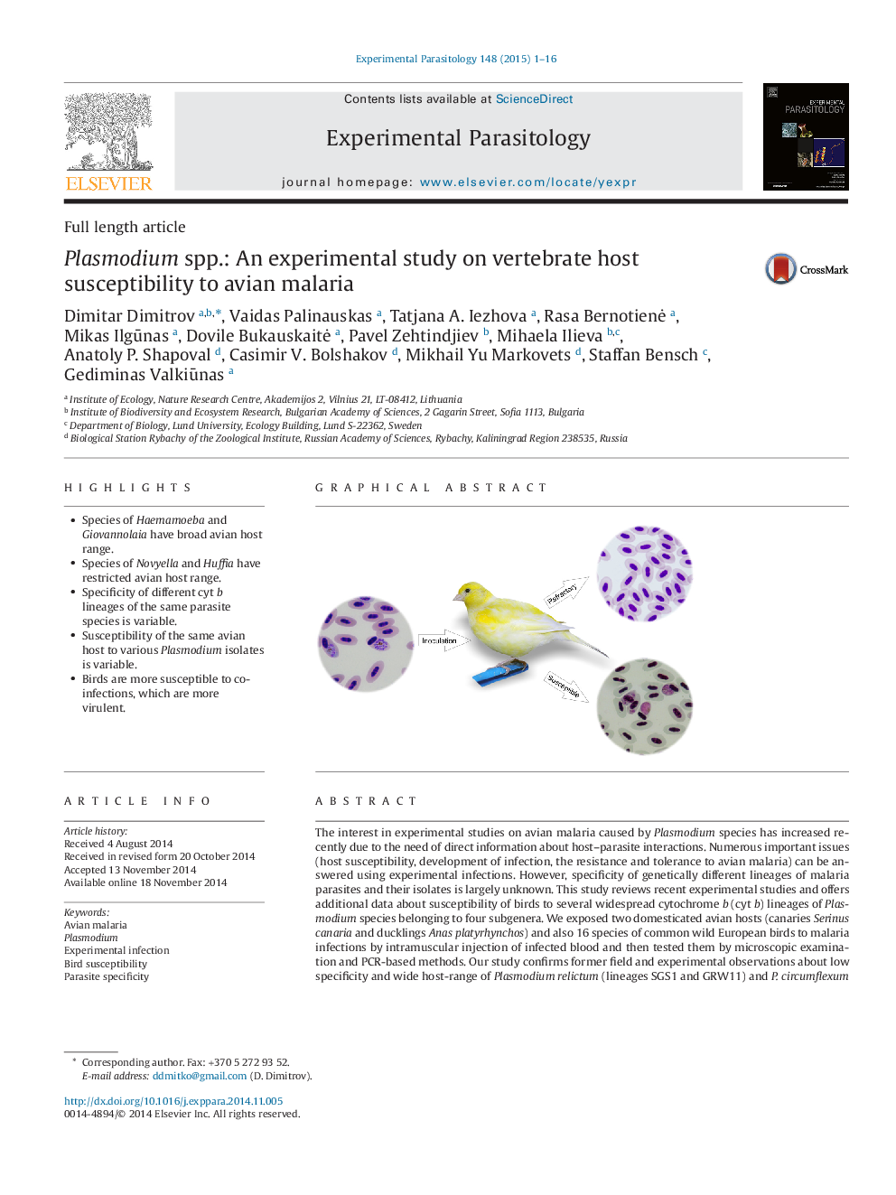 Plasmodium spp.: An experimental study on vertebrate host susceptibility to avian malaria