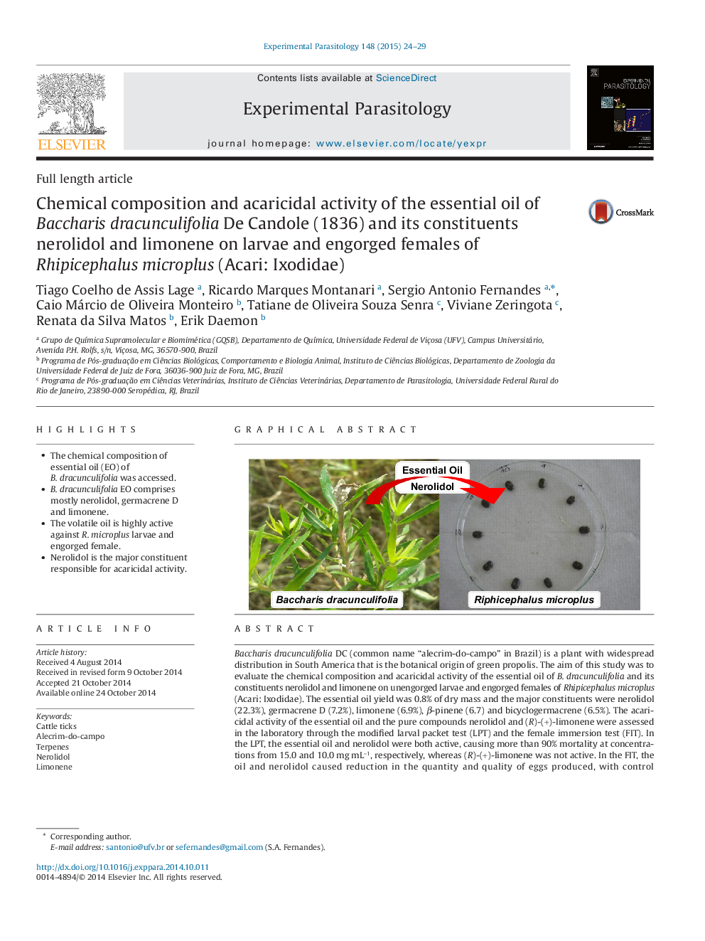 Chemical composition and acaricidal activity of the essential oil of Baccharis dracunculifolia De Candole (1836) and its constituents nerolidol and limonene on larvae and engorged females of Rhipicephalus microplus (Acari: Ixodidae)