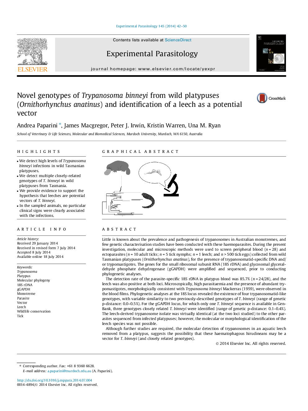 Novel genotypes of Trypanosoma binneyi from wild platypuses (Ornithorhynchus anatinus) and identification of a leech as a potential vector