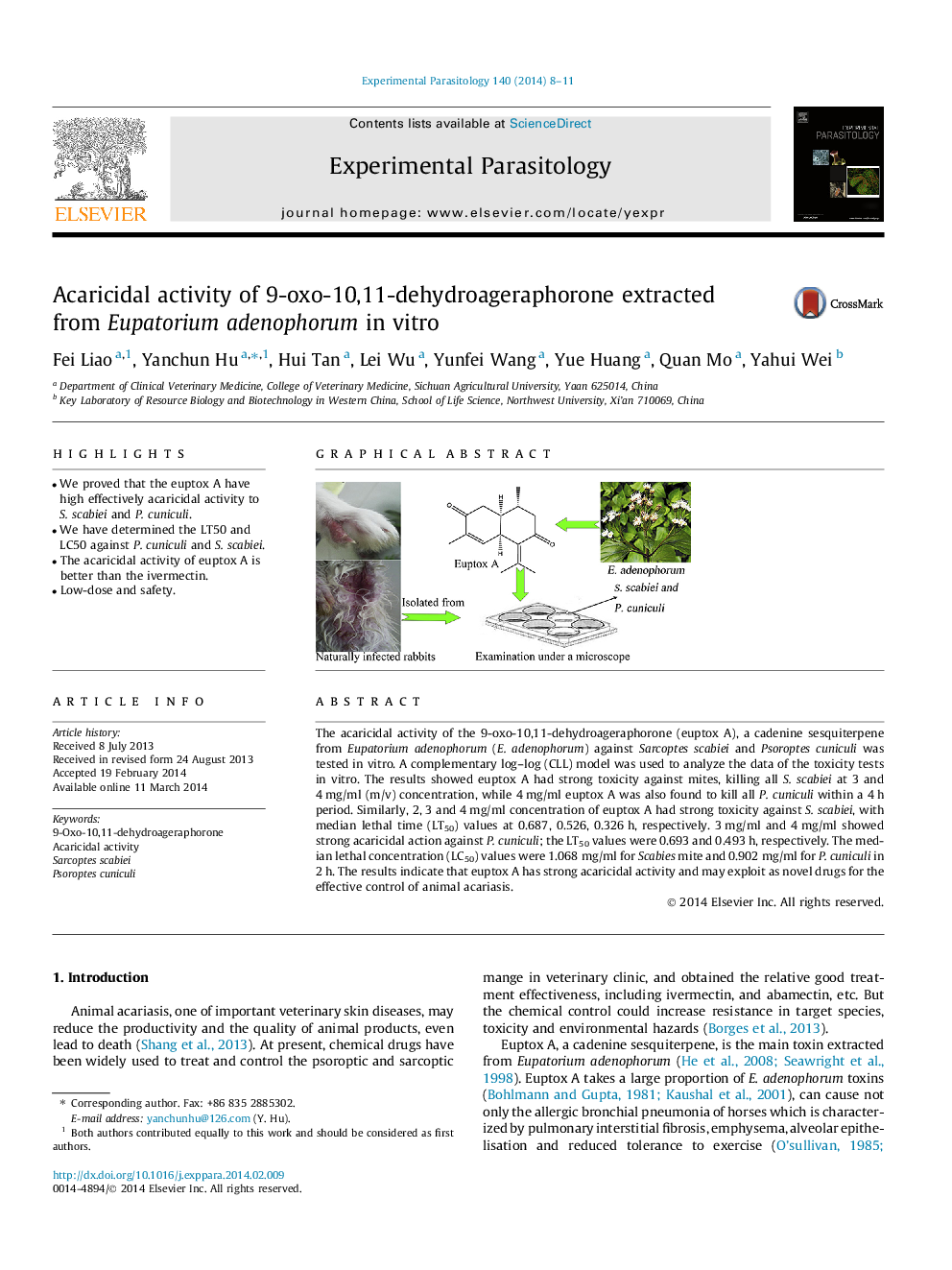 Acaricidal activity of 9-oxo-10,11-dehydroageraphorone extracted from Eupatorium adenophorum in vitro