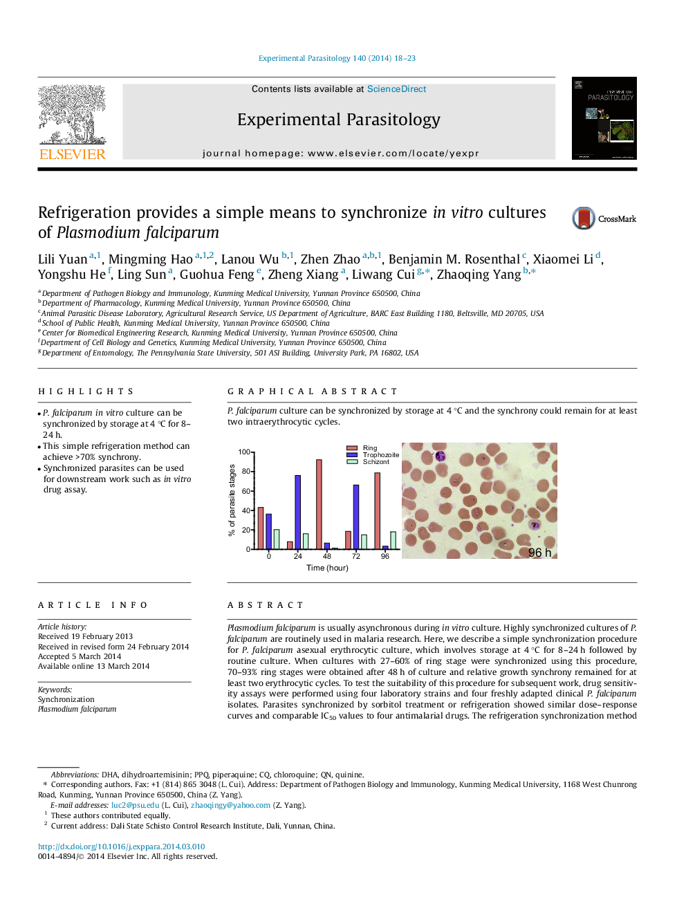 Refrigeration provides a simple means to synchronize in vitro cultures of Plasmodium falciparum