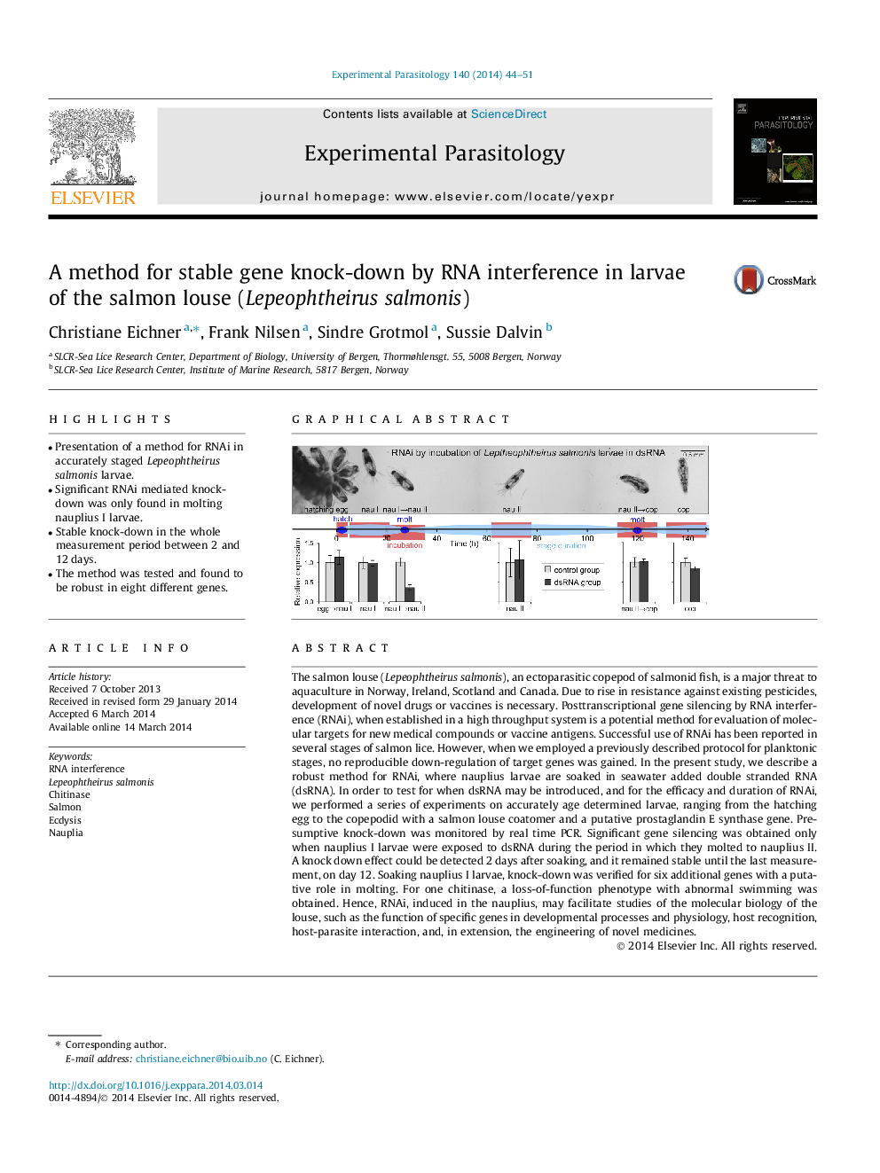 A method for stable gene knock-down by RNA interference in larvae of the salmon louse (Lepeophtheirus salmonis)