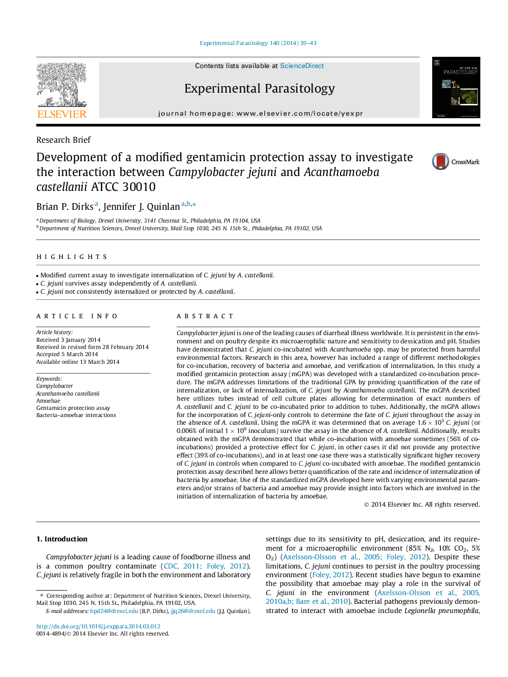 Development of a modified gentamicin protection assay to investigate the interaction between Campylobacter jejuni and Acanthamoeba castellanii ATCC 30010