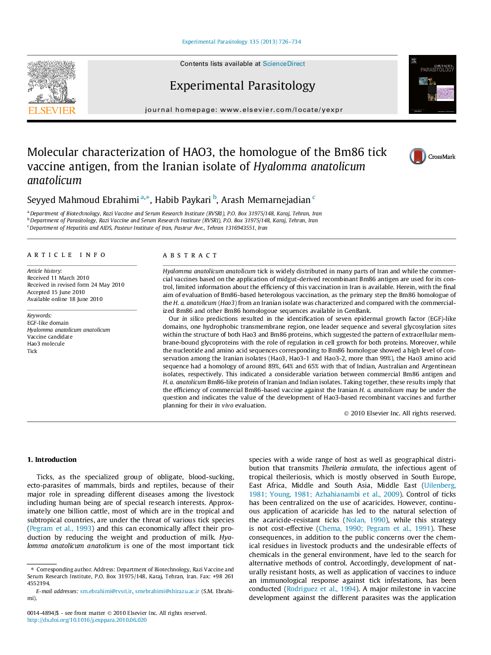 Molecular characterization of HAO3, the homologue of the Bm86 tick vaccine antigen, from the Iranian isolate of Hyalomma anatolicum anatolicum