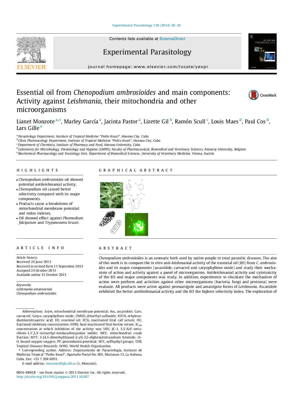 Essential oil from Chenopodium ambrosioides and main components: Activity against Leishmania, their mitochondria and other microorganisms